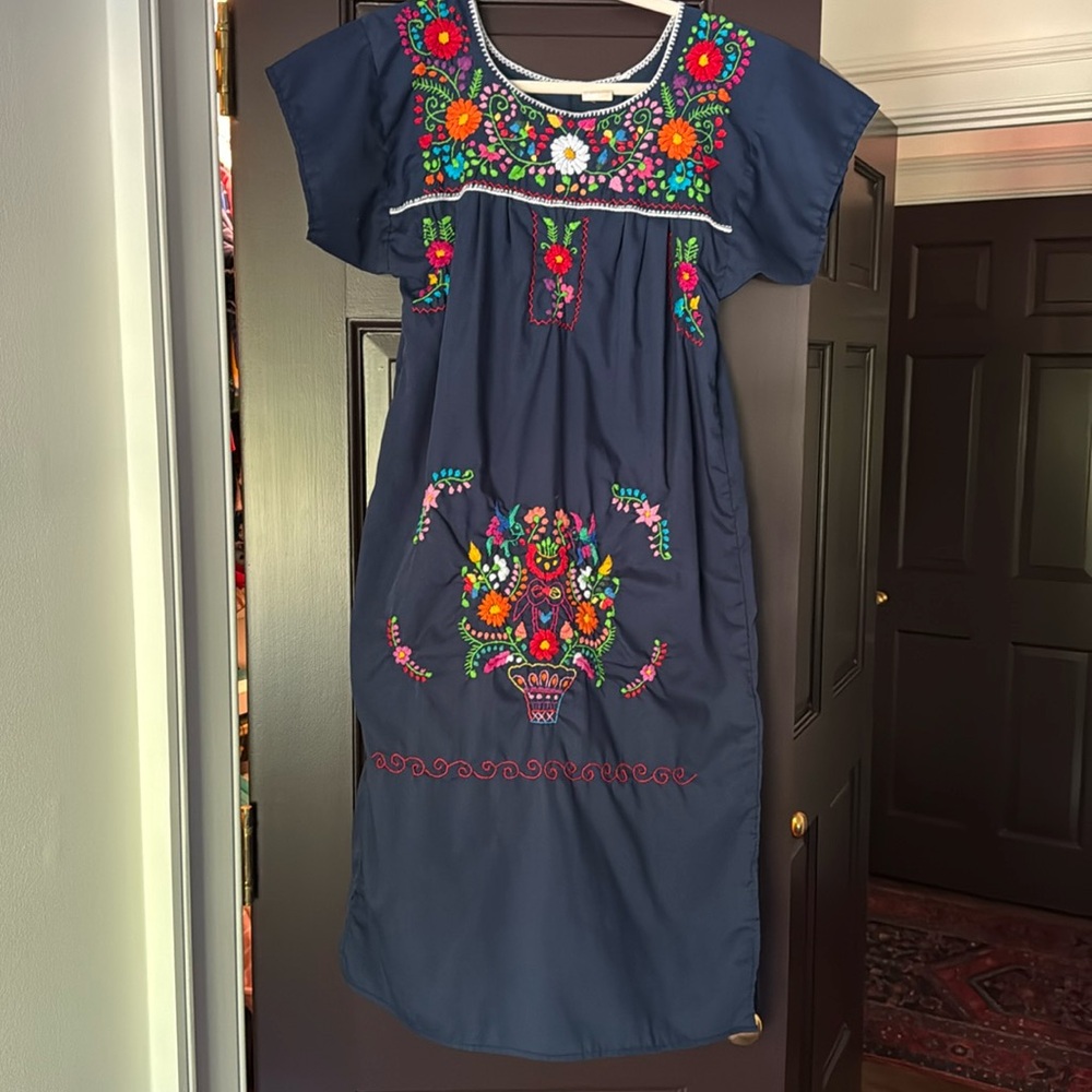 Navy Mexican shift dress with colorful embroidery